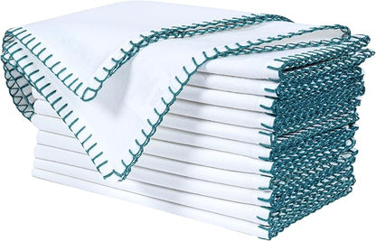 Bedding Craft Cotton Cloth Dinner Napkins Set of 12 –18x18 Funfare Multi-Color Fabric Napkins with Blanket Stitch Selvedge – Washable Wedding Napkins for Parties, Restaurants, Dining & Table Settings
