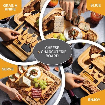 Charcuterie Boards Gift Set by Bambüsi - Large Bamboo Cheese Board for Serving, Entertaining, Cheese Platter for Kitchen, House Warming Gifts New Home, Wedding, Bridal Shower, Birthday Gifts for Women