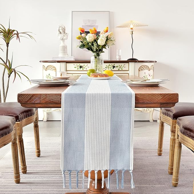 Wracra Linen Table Runner, Stripe Table Runners 60 Inches Long Blue | Delicate - Image 4