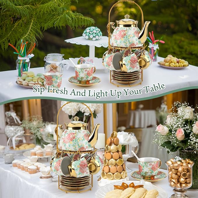 20 Pcs Porcelain Tea Set with Metal Holder, Adult Tea Set Gift, European - Image 7