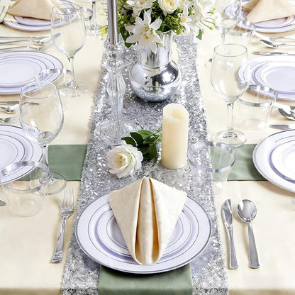 GATHER 176 Pieces Silver Plates - Disposable Silver Plastic Plates Includes 50 Plates, 75 Silverware, 25 Napkins, 25 Silver Rimmed Cups and 1 Tablecloth Perfect for Party & Weding