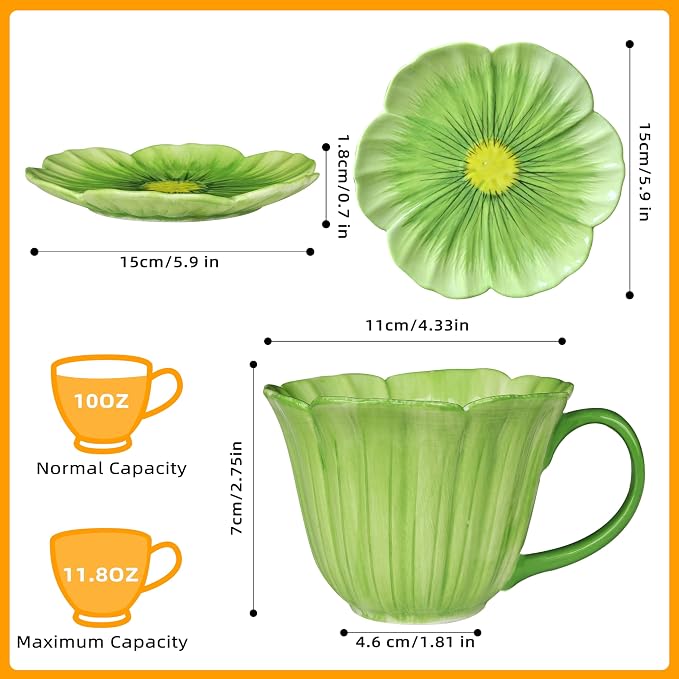 10 oz Tea Cups and Saucers, Ceramic Flower-shaped Cappuccino Cup, Latte Cup and - Image 2