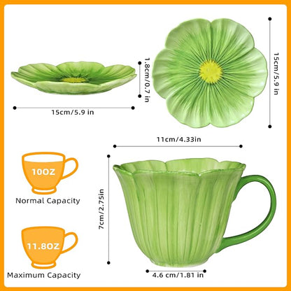 10 oz Tea Cups and Saucers, Ceramic Flower-shaped Cappuccino Cup, Latte Cup and - Image 2