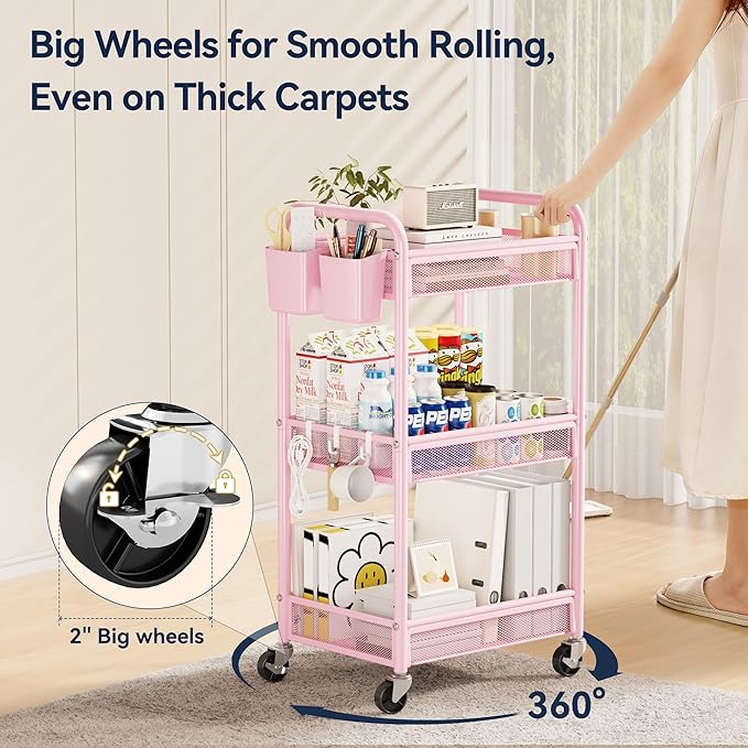 3 Tier Metal Rolling Cart, Art Workspace, Bedside Storage - Image 4