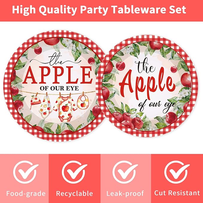 96Pcs Apple of Our Eye Baby Shower Decorations, Watercolor Apple Plates Napkins - Image 3