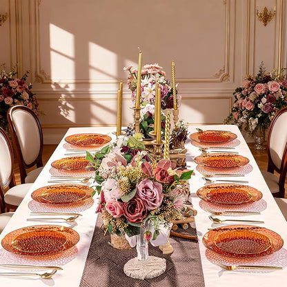 Rubtlamp 60Pcs Amber Plastic Plates - Brown Disposable Plates With Gold Rim, Clear Heavy-duty Party Plates, Hammered Plates Include 30 Dessert Platos, 30 Dinner Platos for Party