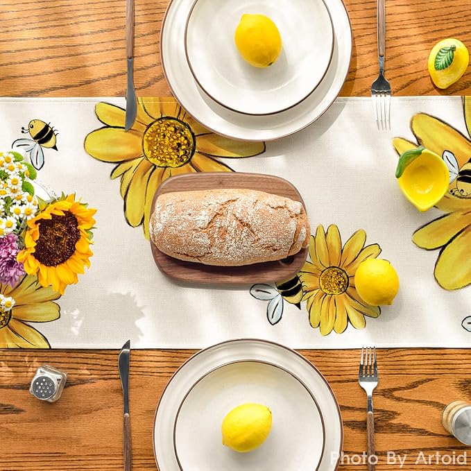 Artoid Mode Beige Bee Sunflower Summer Table Runner, Seasonal Spring Flowers - Image 3