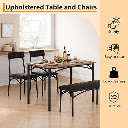 Dining Table Set for 4, Rectangular Kitchen Table and Chairs Set of 4 for Small Spaces, Modern Dining Room Table Set with Upholstered Bench and 2 Chairs, Space Saving Dining Furniture for Apartments