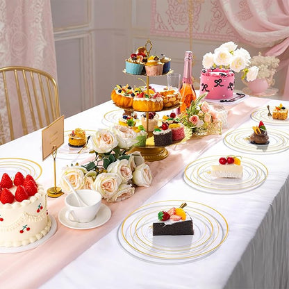 DaYammi 240Pcs Dessert Plates Include 120Pcs Gold Cake Plates 6.3inch with 120Pcs Gold Plastic Forks 5.7inch,Clear gold plates Disposable Salad Plate for Party Appetizer Plate for Wedding Birthday