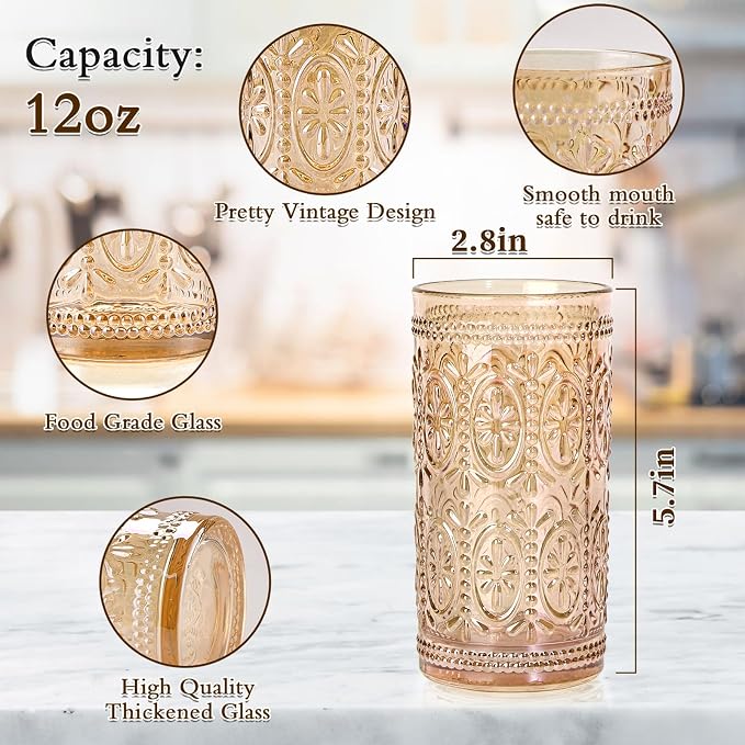 abrwyy Amber Drinking Glasses, Vintage Glassware, 12oz Highball Glasses | - Image 2