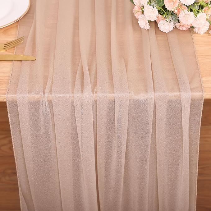 4 Pcs 10FT Champagne Chiffon Table Runners 30x120 Inches Sheer Tulle Boho Table - Image 2
