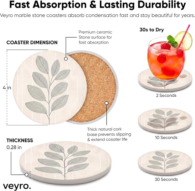VEYRO Ceramic Coasters Set of 6 or 4 – Absorbent Stone Drink Coasters - Image 5