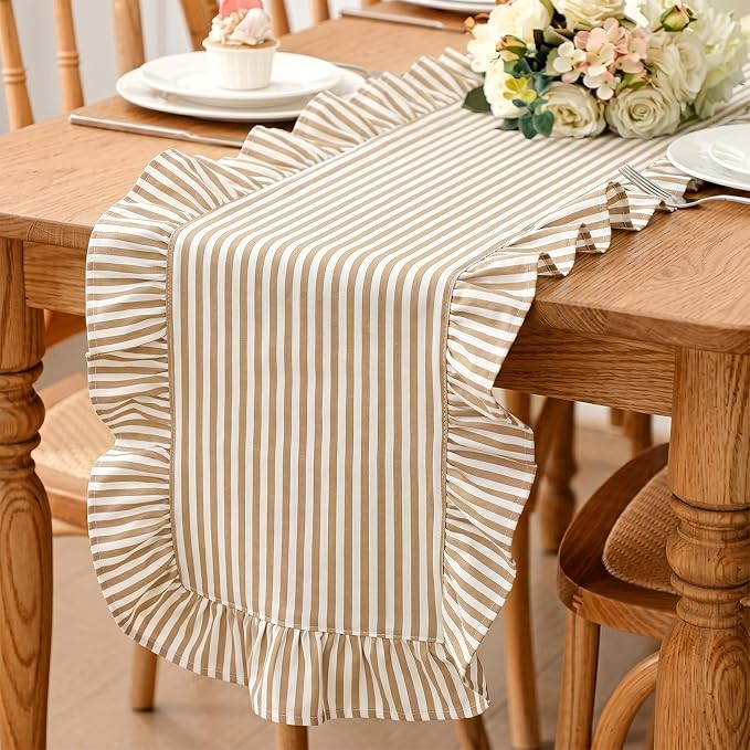 HunnmingRe Ruffle Trim Boho Table Runner Farmhouse Rustic Stripes Scalloped by HunnmingRe