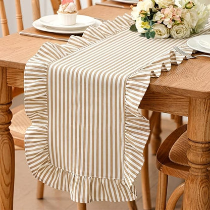 HunnmingRe Ruffle Trim Boho Table Runner Farmhouse Rustic Stripes Scalloped by HunnmingRe