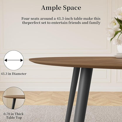 43.3 Inch Round Dining Table Set for 4, Modern Small Kitchen Coffee Set for Dining Room Kitchen Apartment (Walnut Table + 4 Grey Chairs)
