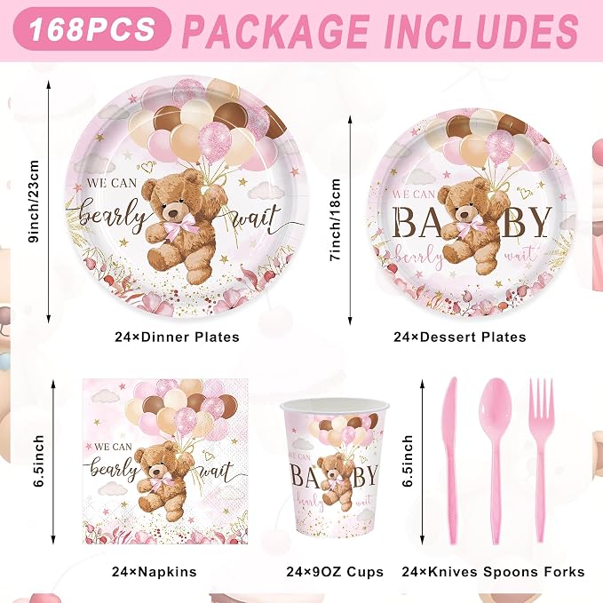 168pcs We Can Bearly Wait Bear Baby Shower Plates Napkins - Image 2