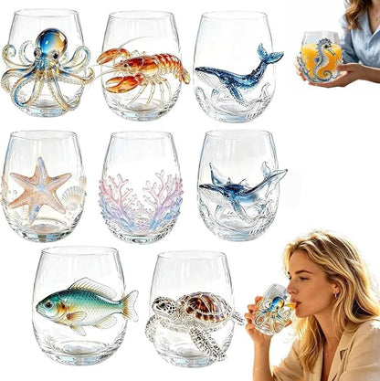 Set of 8 Fantasy Beachfront 3D Ocean Glassware, Novelty Tumblers | Unique by Unknown