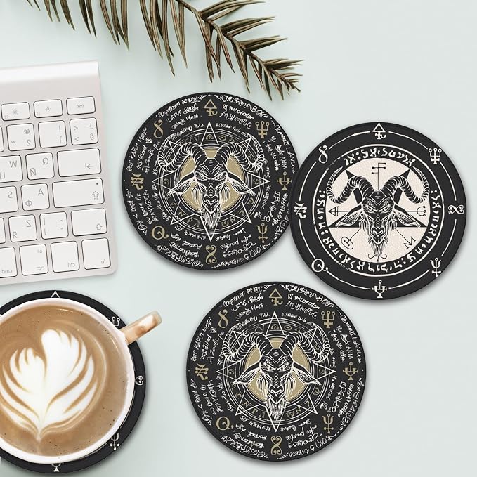 Satanic Goat Star Leather Drinks Coasters - Image 3