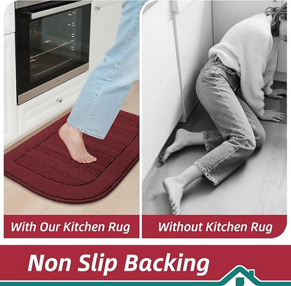 BEQHAUSE 24x36 Inch Kitchen Rug Mat Durable Kitchen Rugs Non-Slip Washable Absorbent Kitchen Mats for Floor Dirt-Resistant Semicircular Kitchen Mat (Red)