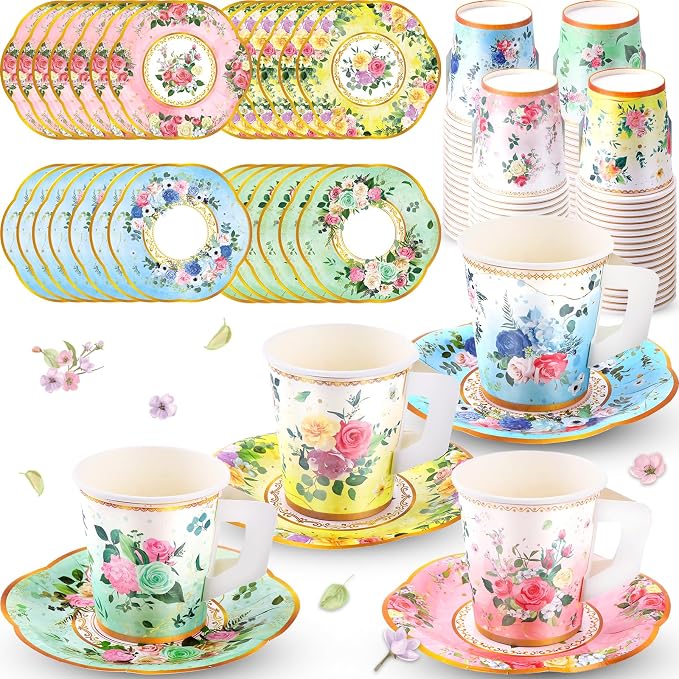 SUMMORO 160 Pcs Floral Paper Tea Cups and Saucers 7 OZ Disposable Paper Tea Cups by SUMMORO