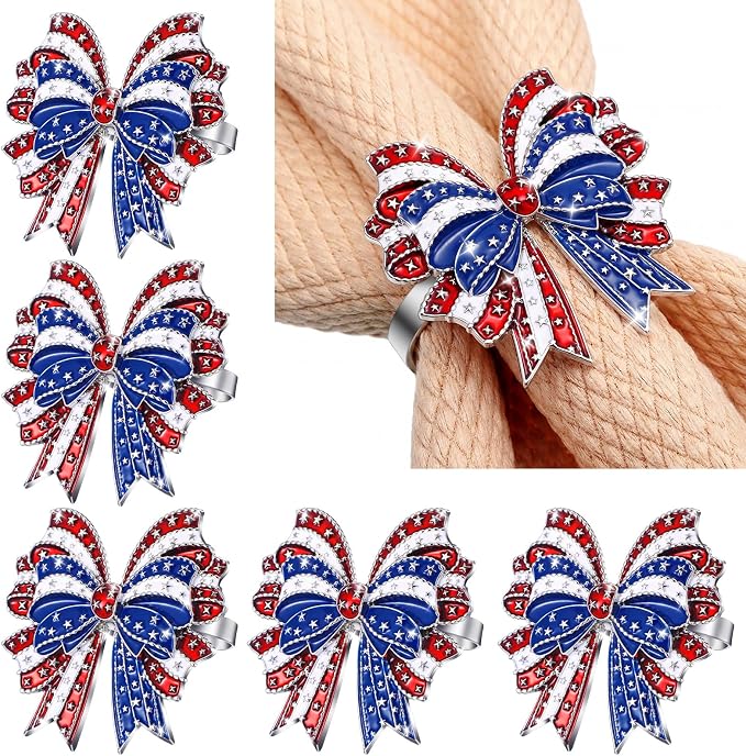 Geiserailie 6 Pieces Patriotic Napkin Rings 4th of July Bow Napkin Ring Holder by Geiserailie