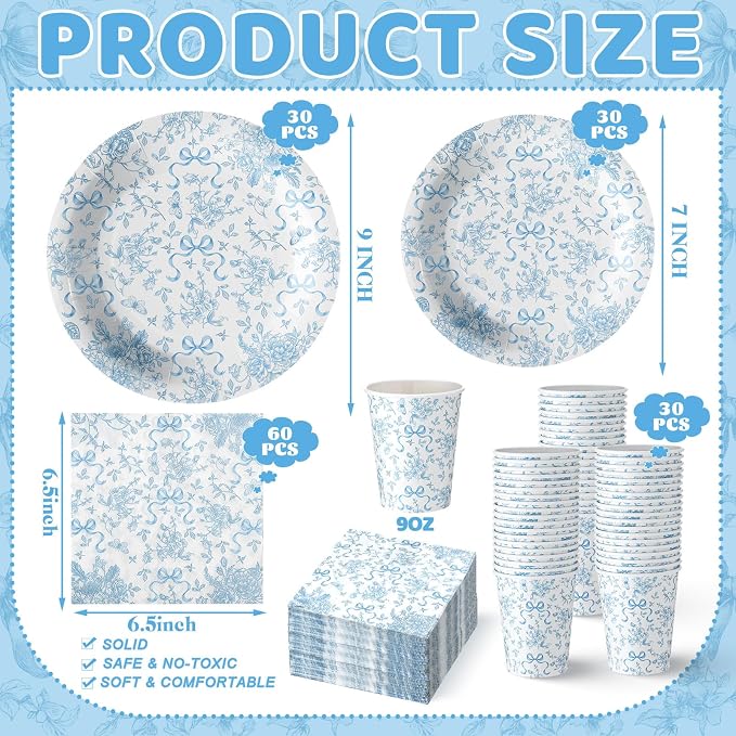 LemonRoad 150 Pcs Blue Bow Floral Disposable Plates and Napkins Bow Coquette - Image 2