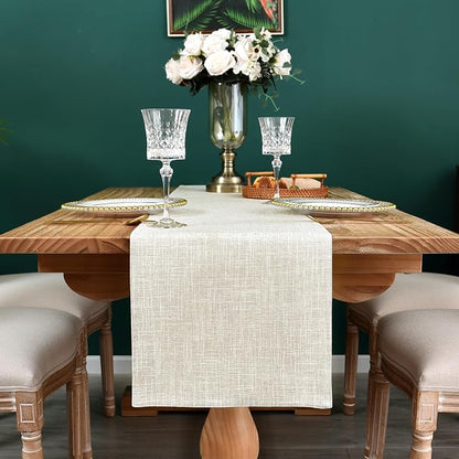 Farmhouse Rustic Faux Linen Table Runner Neutral Beige Table Runners Double - Image 7