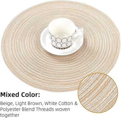 SHACOS Round Braided Placemats Set of 4 Round Table Mats for Dining Tables 15 inch Washable Kitchen Table Place Mats Indoor (Beige, 4)