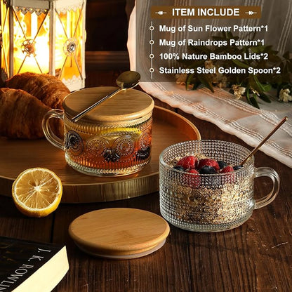 Vintage Coffee Mugs, Overnight Oats Containers - 14oz Clear Embossed Glass Cups - Image 2