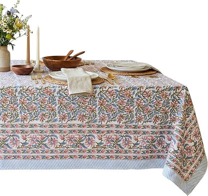 ATOSII Kalina 100% Cotton Fall Rectangle Tablecloth, Handblock Print Floral Table Cloth for Kitchen Dining Linen I Weddings Outdoors Easter Spring Summer I 72 X 108 Inches I 8 Seater