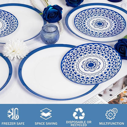 EI 60pcs Blue Plastic Plates Disposable Blue and White Floral Baroque Plastic Plates Fancy Decorative Plate Disposable Heavy Duty with Retro Classic Art Suitable for for Party,Birthday,Wedding