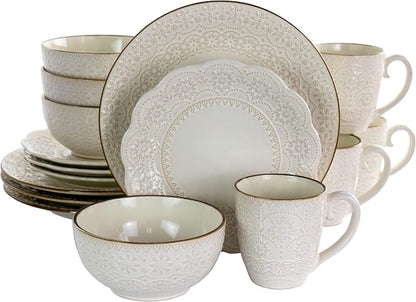 Elama Embossed Scalloped Stoneware Dinnerware Dish Set, 16 Piece by Elama