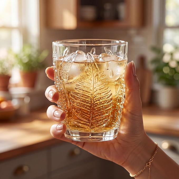 Clear Drinking Glasses Set of 4, 10 oz Glass Cups, Vintage Fern Glassware | - Image 4