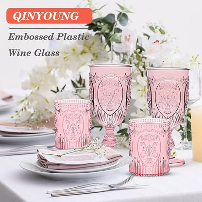 Qinyoung 48 Plastic Vintage Drinking Glasses 8.5oz Stemless Retro Embossed Wine - Image 7