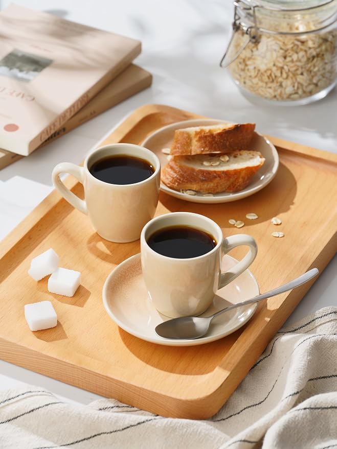 famiware 3oz Espresso Cups and Saucers, Honey Beige | Ceramic Small Coffee Mug - Image 2