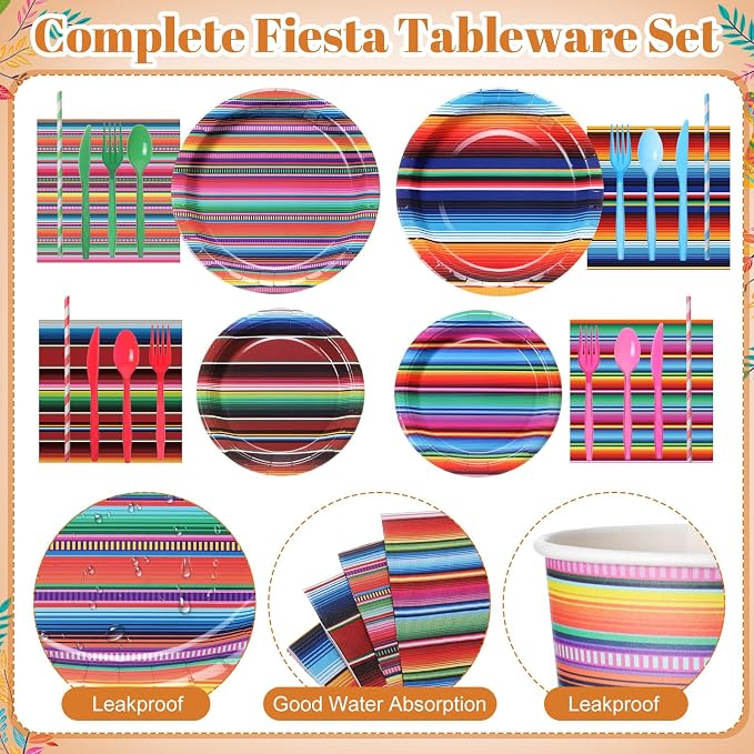 450 Pcs Mexican Serape Party Tableware Set Fiesta Decorations Taco Bar Paper - Image 3