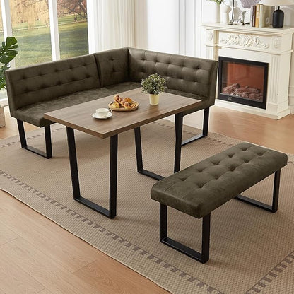 3-Piece Corner Dining Table Set with Bench, 70 Inch Space-Saving Breakfast Nook for Kitchen & Dining Room(Walnut Table & L-Seat Brown Bench)