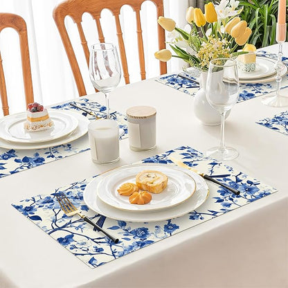 Flower Bird Placemats Set of 6, Blue Birds Place Mats,Blue and White Floral Waterproof Washable Table Mats for Home Party Indoor Kitchen Dining Table Decoration 12x18 Inch