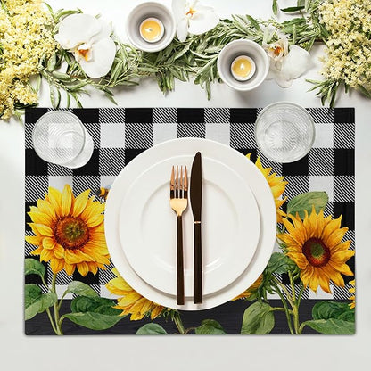 Sunflower Placemats Set of 4 - Buffalo Plaid Place Mats 12x18 Farmhouse Table Mats Spring Summer Kitchen Mats for Party Dining Table