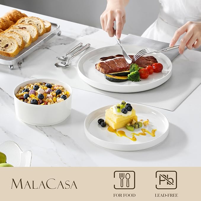 MALACASA 24 Pieces Porcelain Dinnerware Set, Modern White Dish Set - Image 3