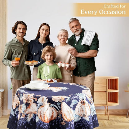 Maison d' Hermine Table Cloth Round Table 100% Cotton 69 Inches Fall Tablecloth Reusable Everyday Use for Thanksgiving Christmas Decorations Dining Farmhouse Party (Pumpkin Blues)