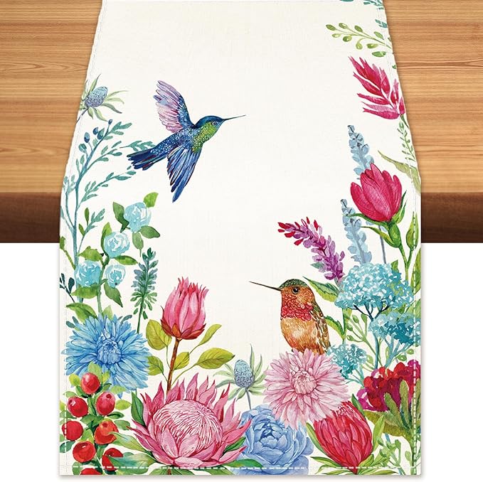 Summer Hummingbirds Floral Table Runner Green Leaves Burlap Table Runners by BEAUTYROMANCEFORYOURLIFE
