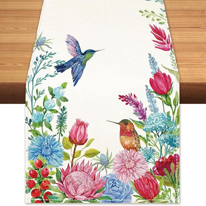 Summer Hummingbirds Floral Table Runner Green Leaves Burlap Table Runners by BEAUTYROMANCEFORYOURLIFE