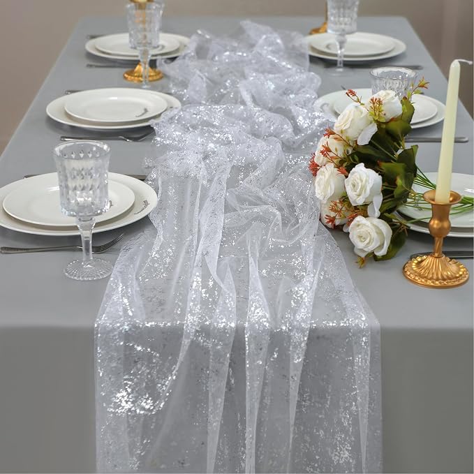 Snowkingdom 6 Pcs 10 FT Silver White Cheesecloth Table Runner Sheer Chiffon by Snowkingdom