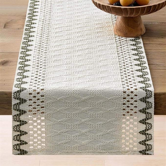 Macrame Side Trim Boho Woven Table Runner, Moss 12x48 Inch | Crochet Hollow - Image 6