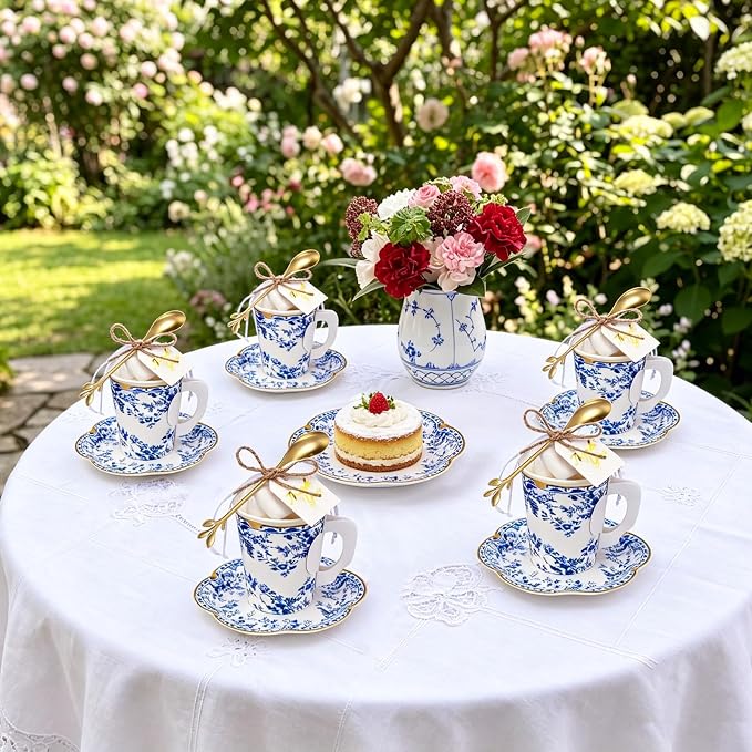 125 Pcs Blue Floral Tea Party Favors Set Blue and White Paper Teacups - Image 5