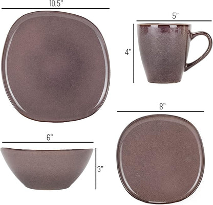 Elanze Designs 16-Piece Modern Luxury Chic Smooth Vintage Handmade Shape High Gloss Ceramic Stoneware Square Plate Mug & Bowl Kitchen Dinnerware 16 Piece Set - Service for 4, Plum Purple