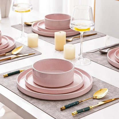 AmorArc Ceramic Dinnerware Set for 6 | Speckled Stoneware Plates and Bowls with Rustic Terracotta Underside| Scratch Resistant,Dishwasher & Microwave Safe Dishes Sets- 18pcs Pink