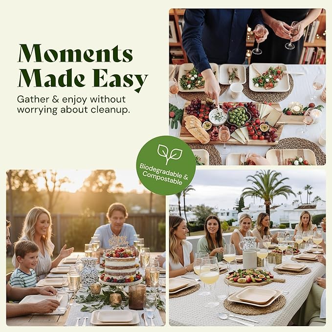 Chic Leaf Palm Leaf Disposable Bamboo Plates – Square, Biodegradable & Compostable Party Plates for Weddings, Parties & Events, Romantic Table for Valentine's Day Dinner (10", 20 Pack)