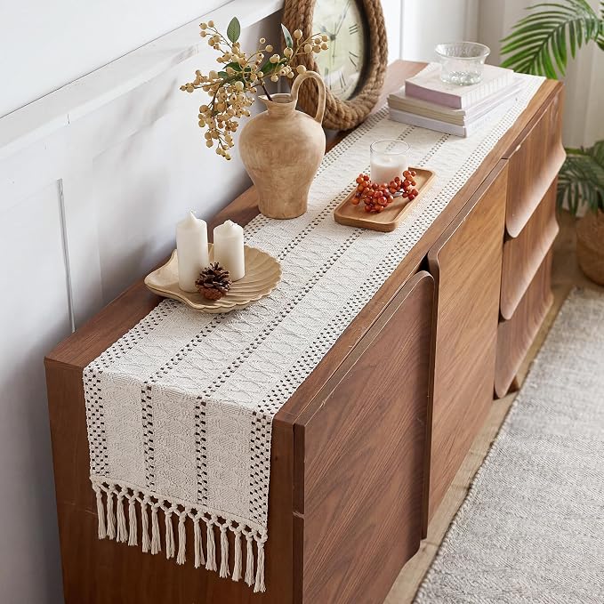 Boho Table Runner with Tassels White - Image 5